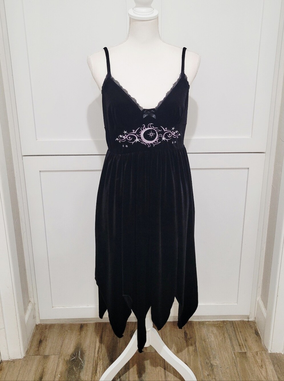 ROMWE Black Velvet Spaghetti Strap Mini Dress with Pink Embroidery